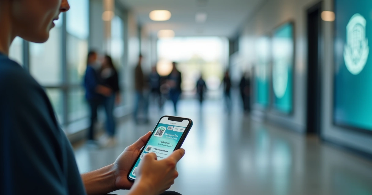 Jovem em ambiente escolar usando celular para acessar sistema acadêmico 