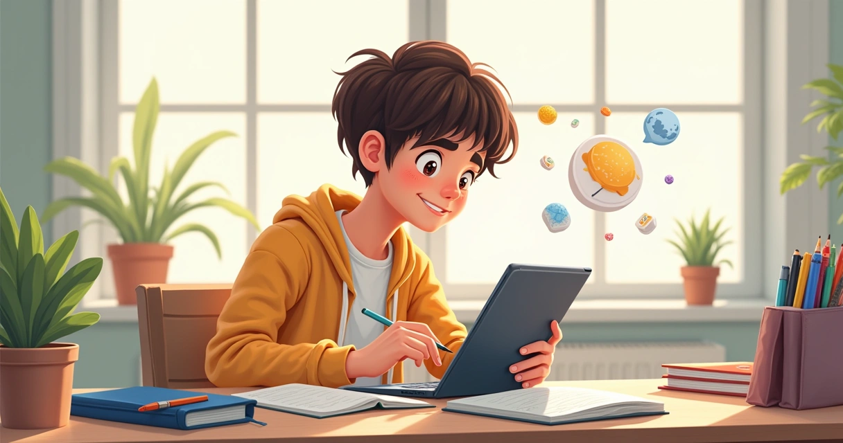 Aluno estudando com tablet na escrivaninha 