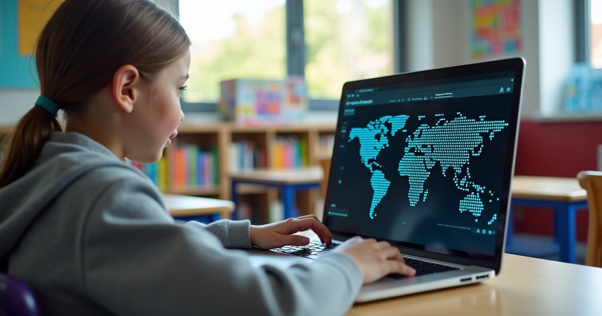 Aluno usando notebook com gráficos de IA em ambiente escolar. 