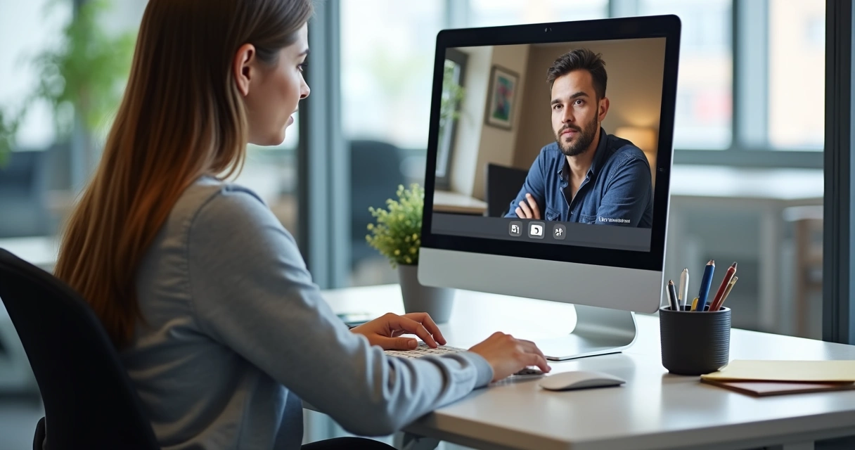 Aluno em videoconferência com tutor, ambos olham para a tela, ambiente claro e organizado 