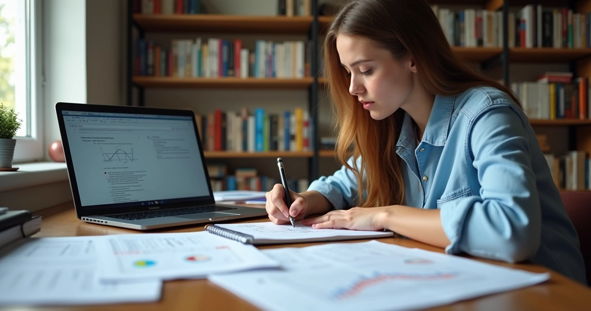 Aluno estudando em mesa revisando simulado com anotações detalhadas e laptop ao lado 