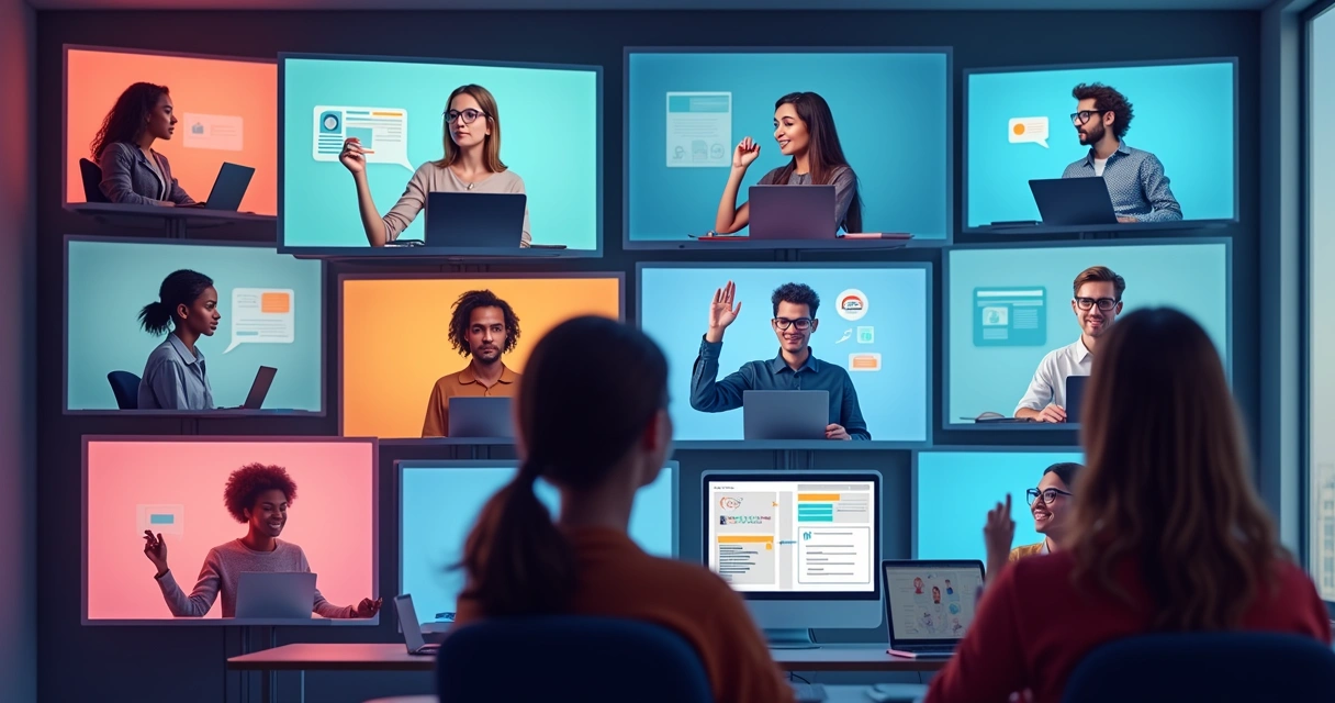 Alunos interagindo em ambiente virtual com aulas ao vivo 
