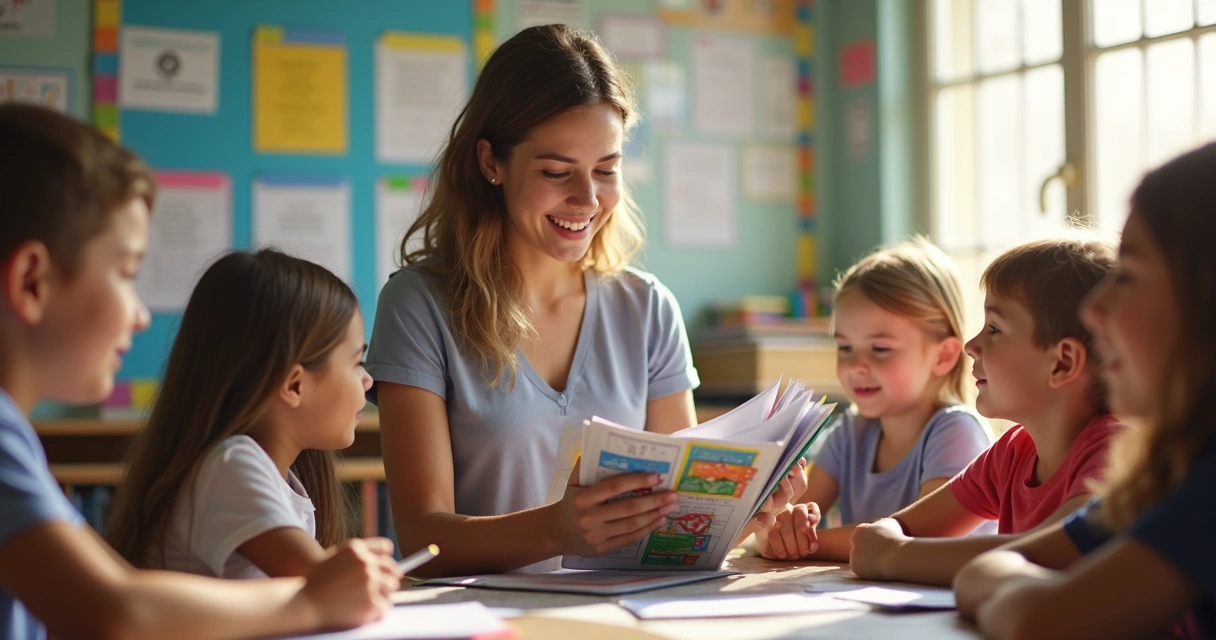 Professora mostrando portfólio com trabalhos de alunos 