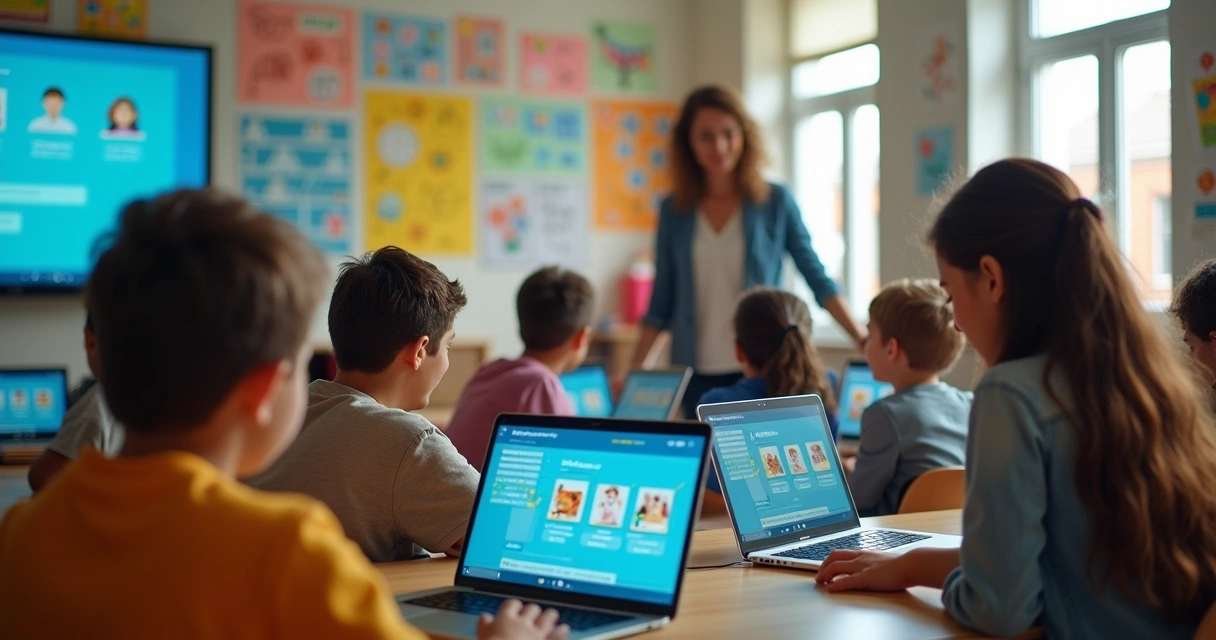 Alunos usando laptops para atividades educativas com IA 