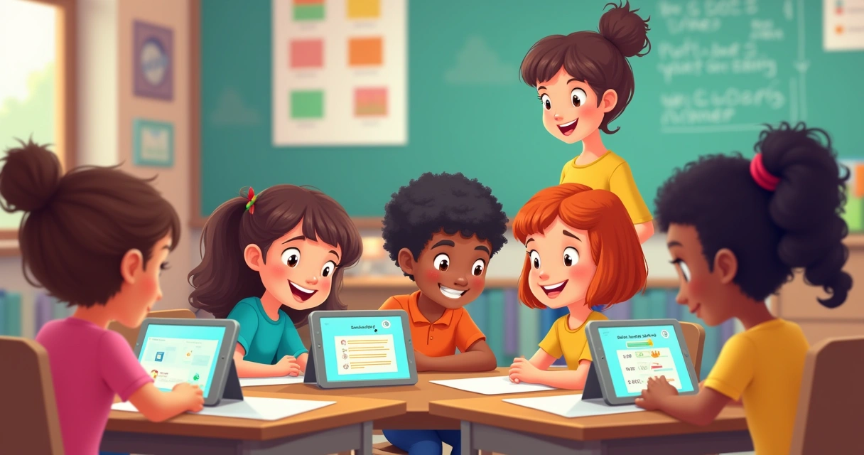 Alunos do ensino fundamental usando tablets com atividades personalizadas 