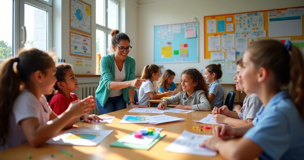 Alunos do 5º ano em sala de aula participando de atividade prática de educação empreendedora com materiais recicláveis e cartazes coloridos 