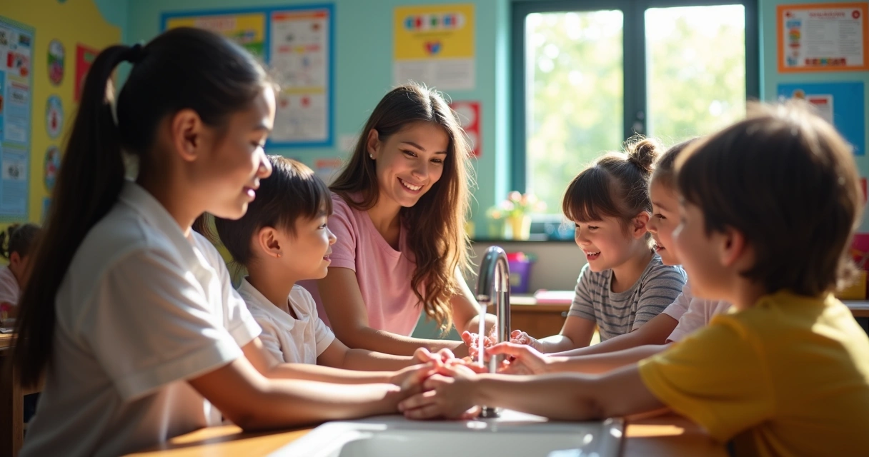 Crianças aprendendo hábitos de higiene com professora 