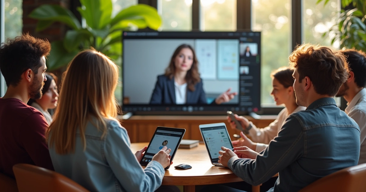 Grupo diverso de pessoas assistindo aula online em ambiente descontraído com tablets e notebooks 