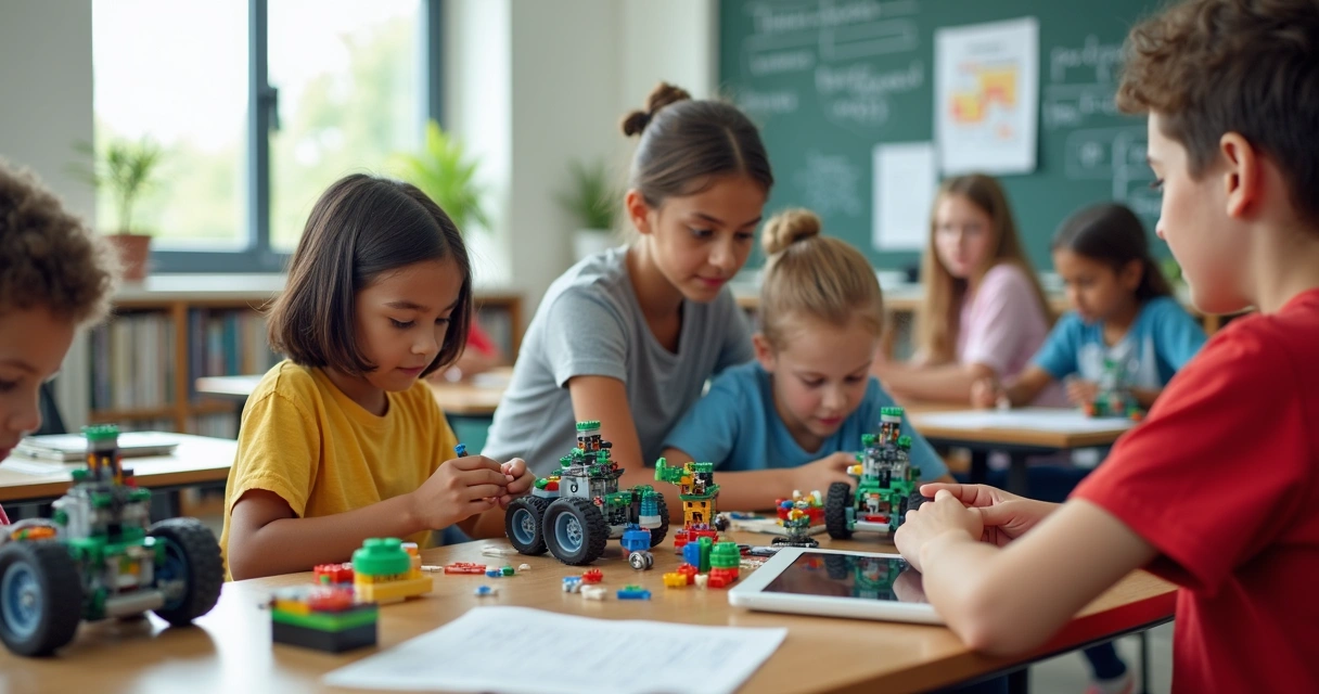 Alunos montando robôs em sala de aula 
