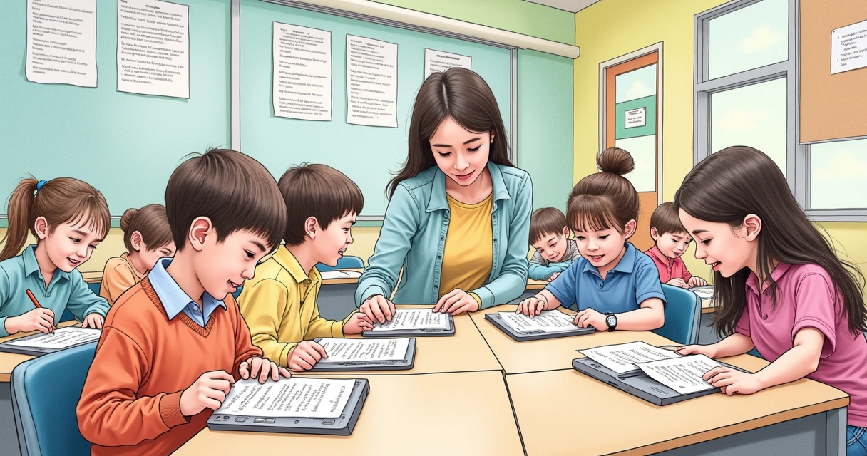 Grupo de alunos lendo textos adaptados na sala de aula 