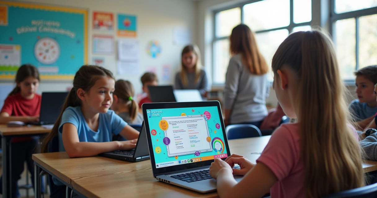 Sala de aula com alunos usando notebooks em plataforma digital 