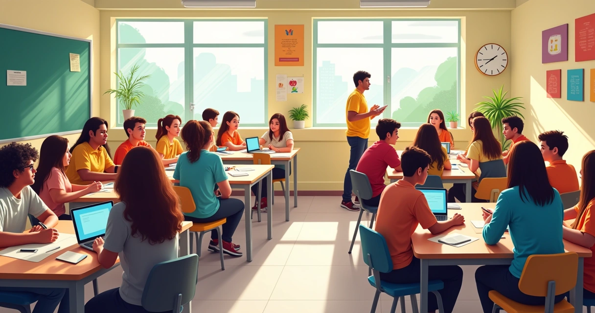Alunos trabalhando juntos em grupo em uma sala de aula 