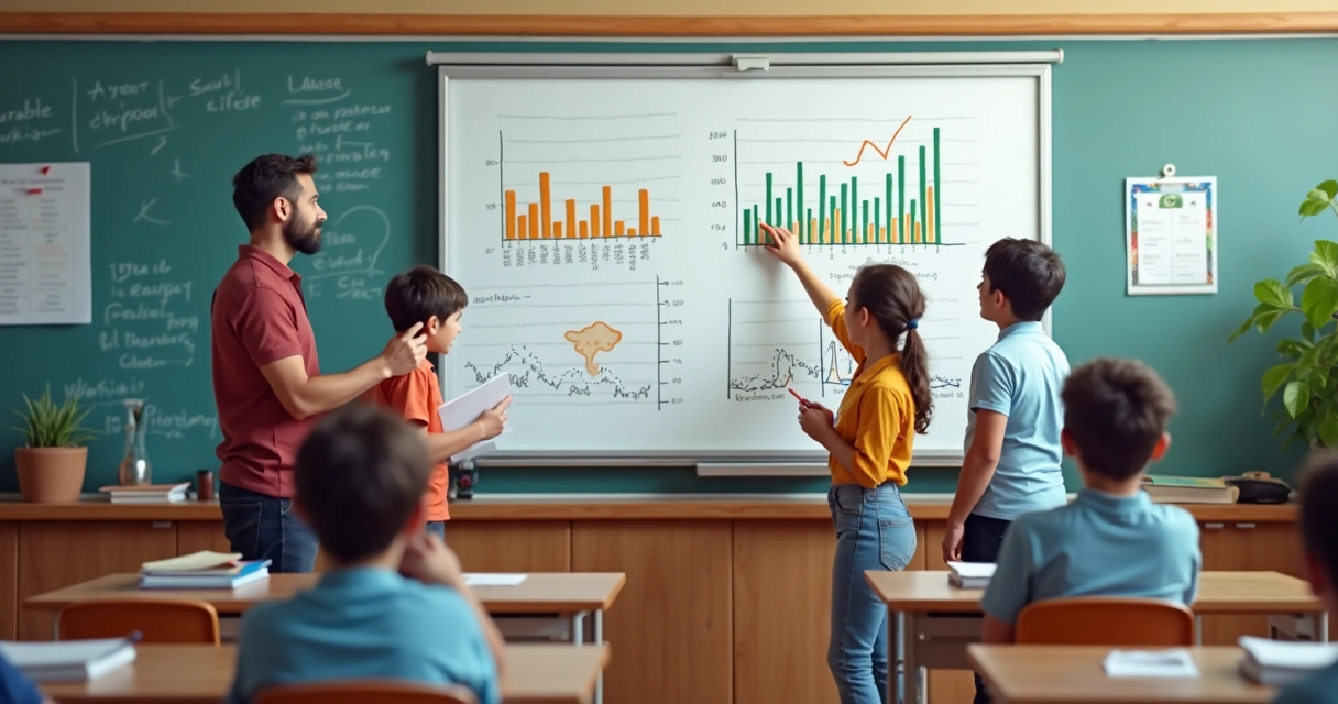 Alunos apresentando gráficos simples na lousa 