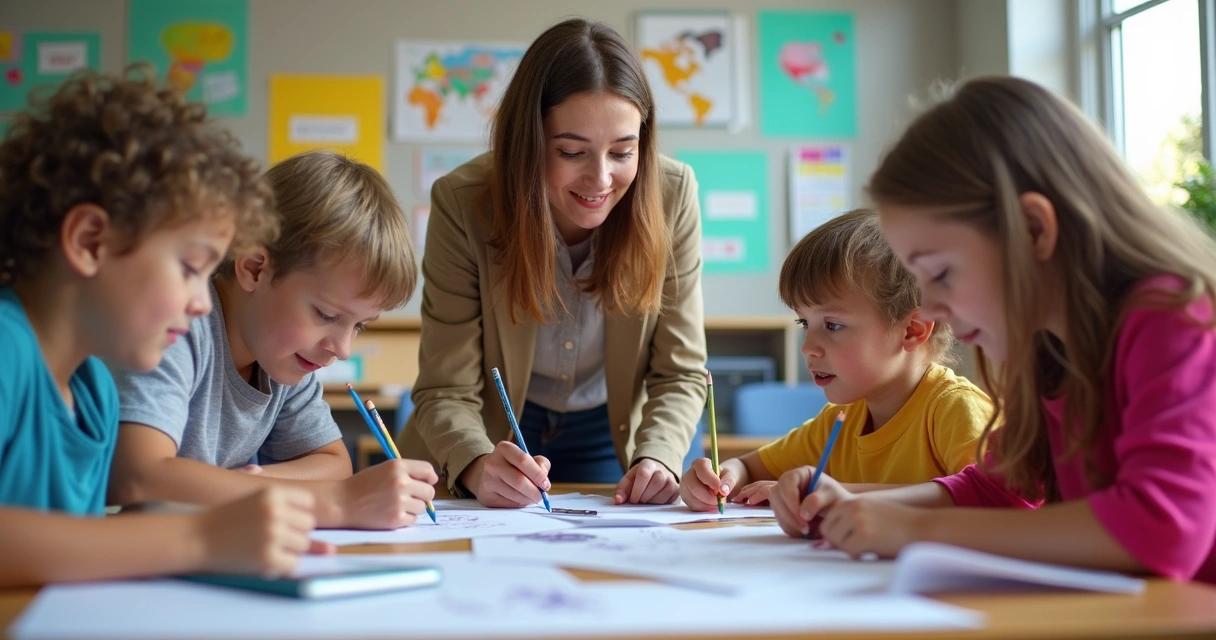 Grupo de estudantes trabalhando juntos em projeto escolar com materiais diversos 