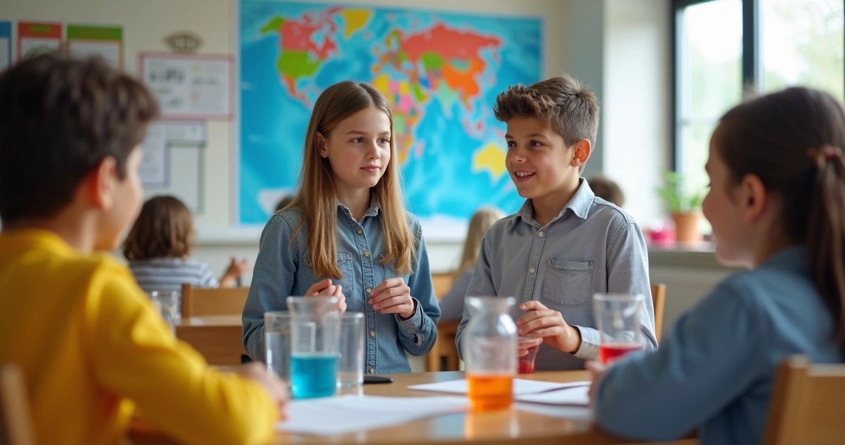 Alunos participam de uma aula de ciências bilíngue apresentando experiências. 
