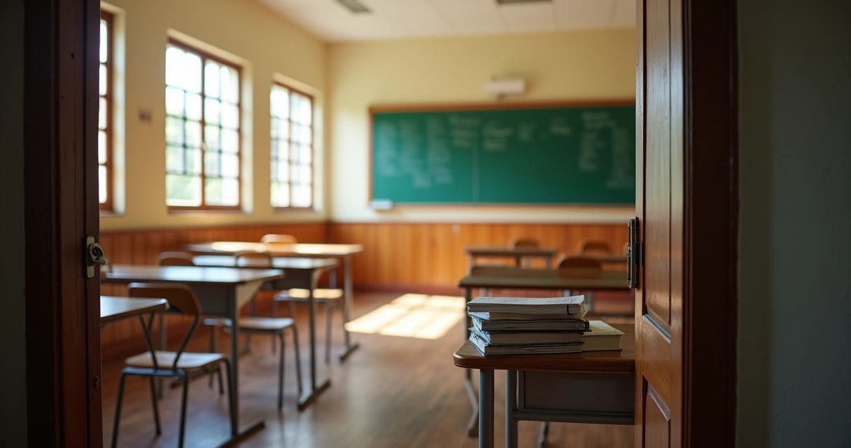 Sala de aula vazia com carteiras organizadas, quadro e material escolar. 