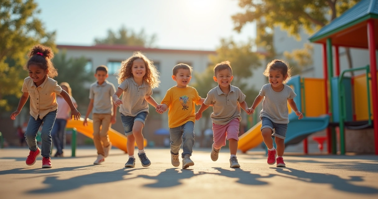 Crianças de diferentes idades brincando juntas no pátio da escola