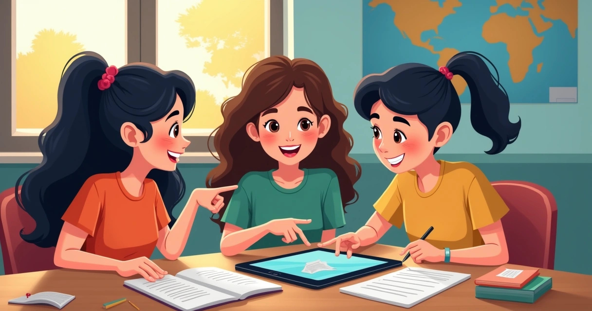 Grupo de alunos colaborando em projeto de inglês com tablet em sala de aula 
