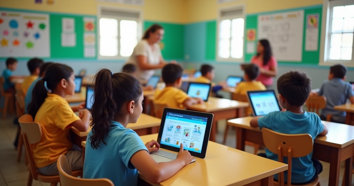 Alunos usando tablets para leitura em inglês na sala de aula 