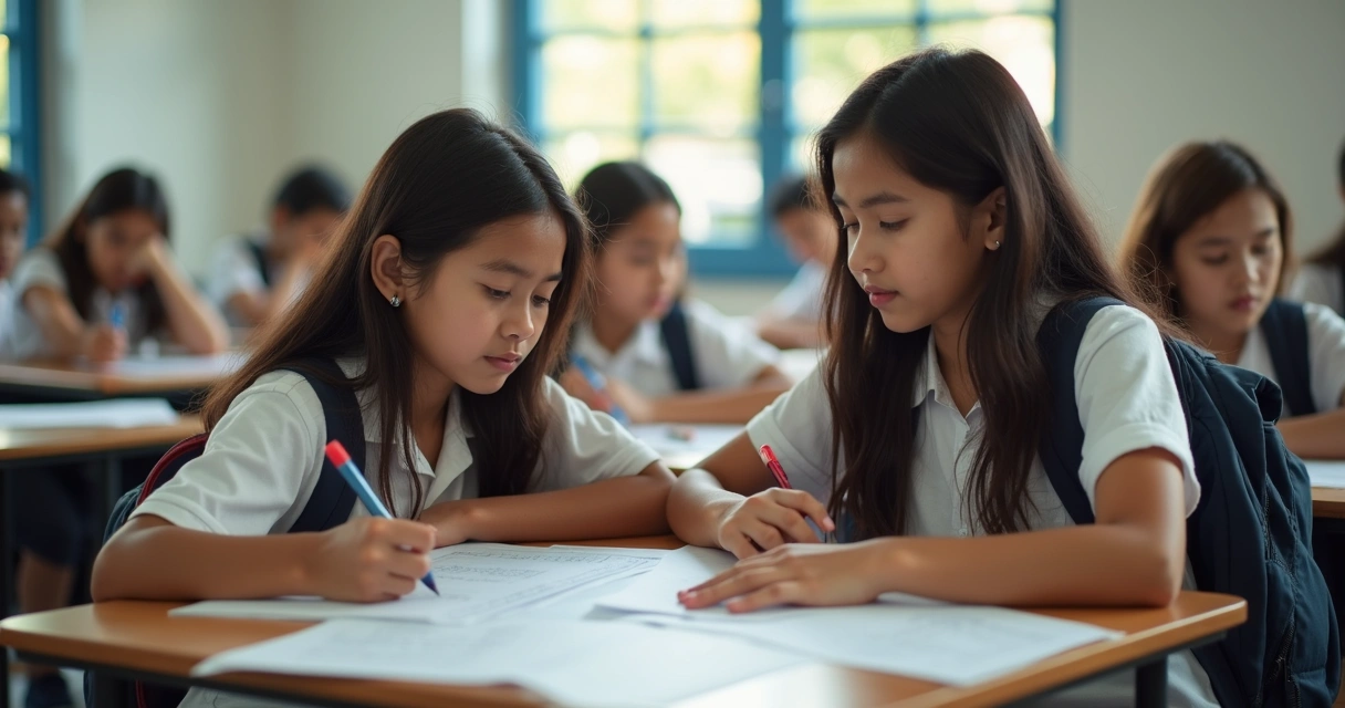 Dois alunos sentados em carteiras, olhando provas e se comparando silenciosamente