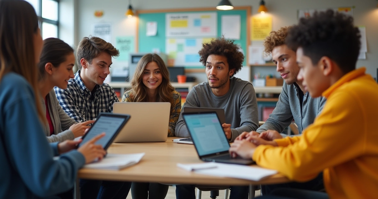 Grupo de alunos em roda, alguns com computadores, colaborando em um projeto escolar. 