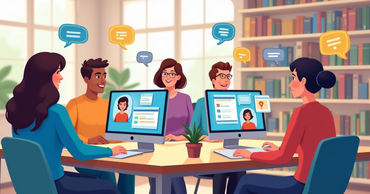 Grupo de alunos conversando em comunidade online 