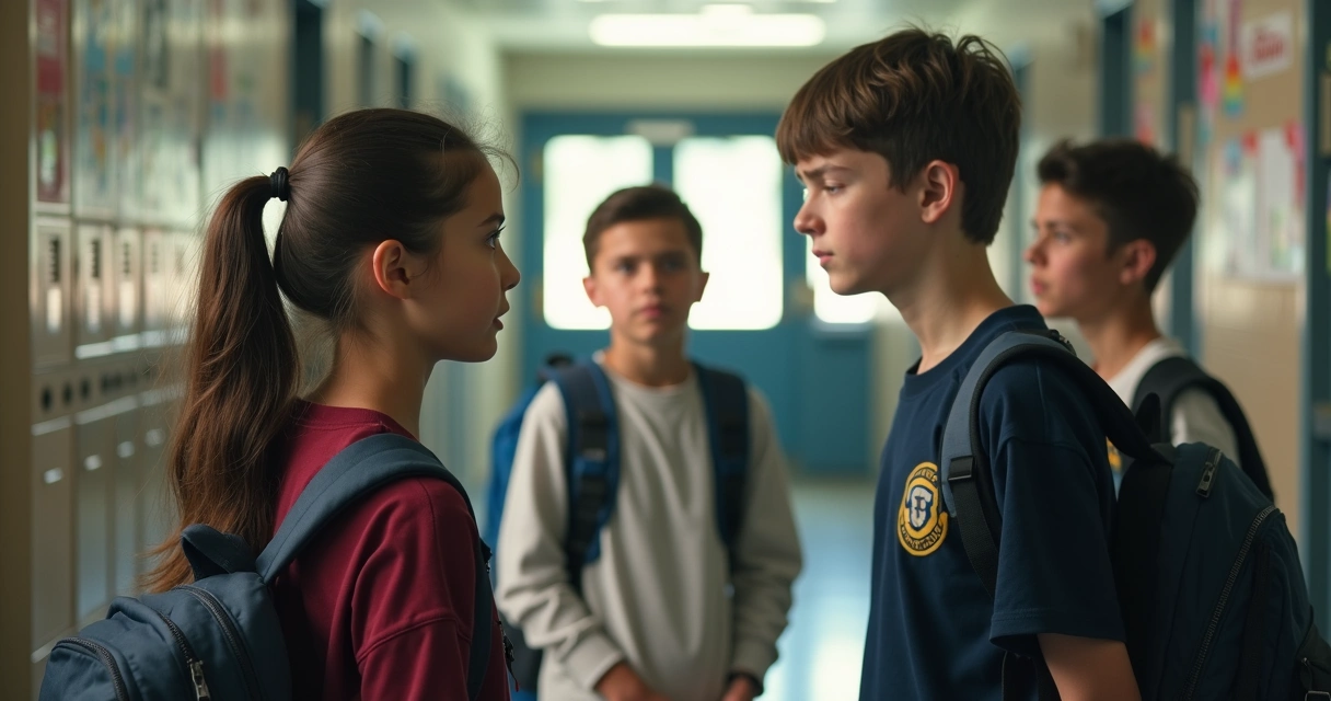 Alunos conversando em corredor escolar 