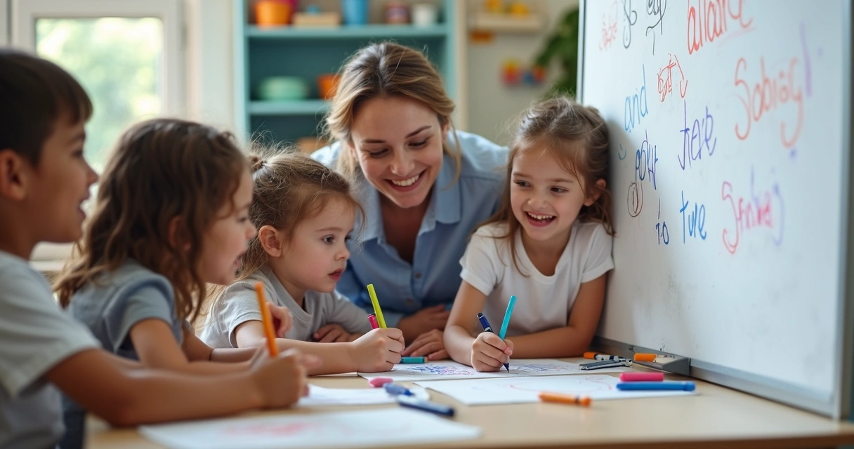 Alunos criando uma história em grupo na lousa 