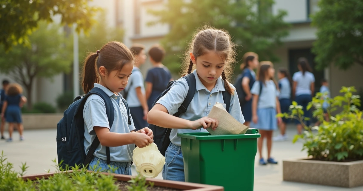 Alunos cuidando do espaço escolar com plantas
