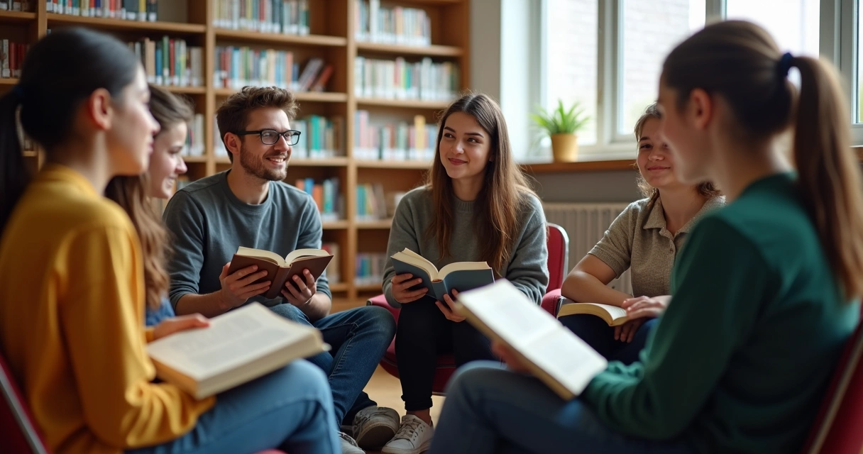 Estudantes em círculo debatendo livros na escola 