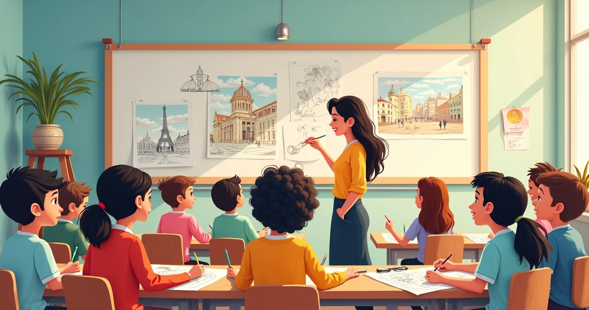 Alunos desenhando cenas de filme clássico na escola 