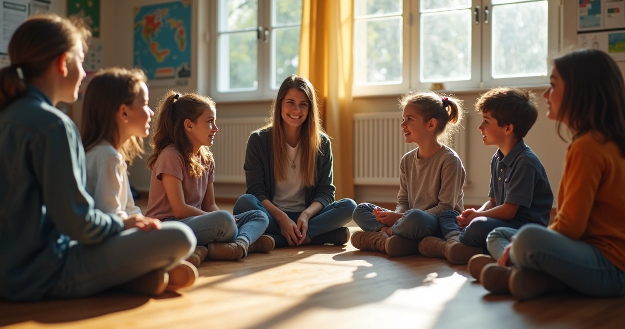 Alunos conversando em roda sobre emoções na escola 