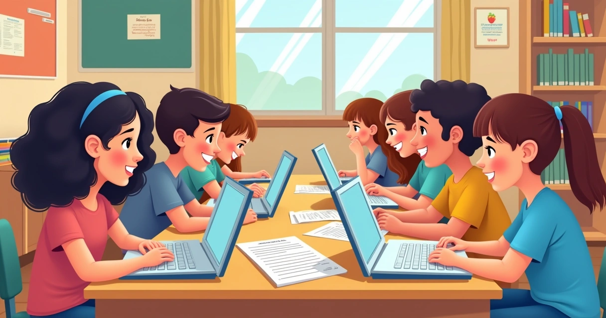 Alunos de diferentes idades estudando inglês juntos, sorrindo e dividindo materiais 