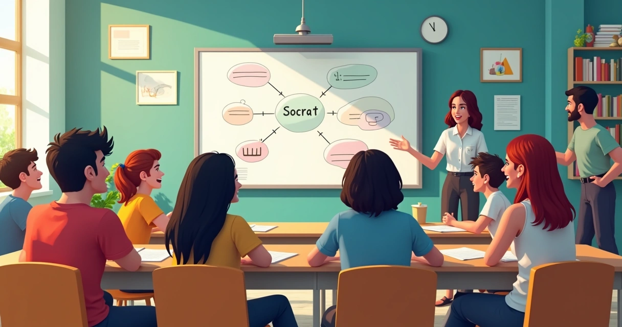 Alunos debatendo tema polêmico em sala de aula com IA 