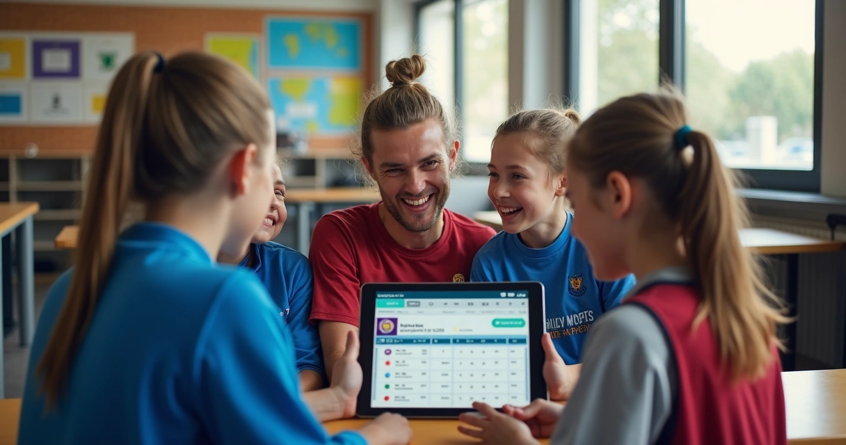 Alunos de academia e pais recebendo informações em tablet 