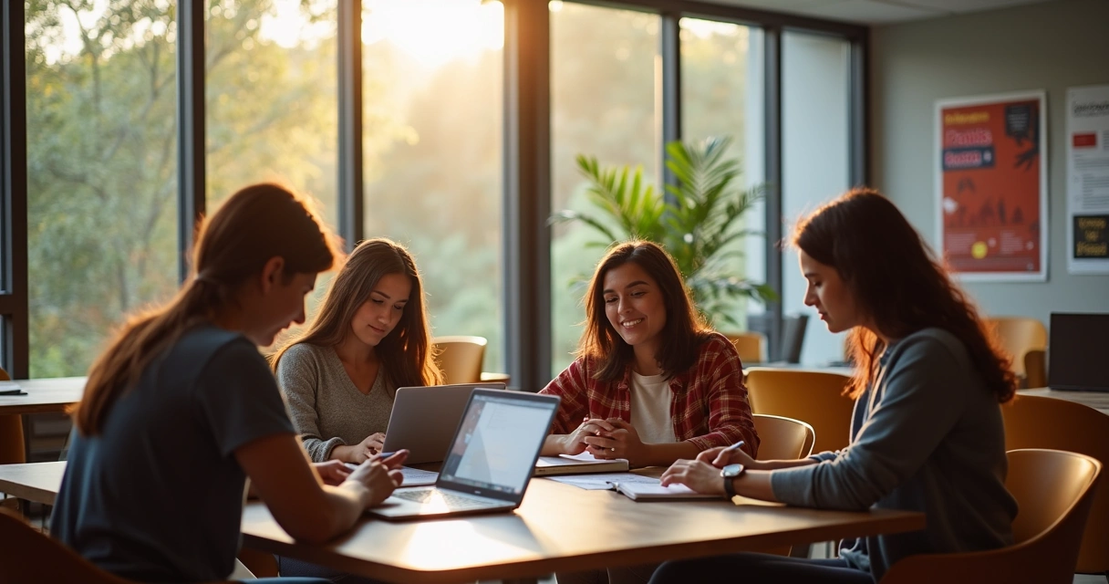 Estudantes em biblioteca universitária na Colômbia, sentados e discutindo em grupo ao redor de livros e notebooks 
