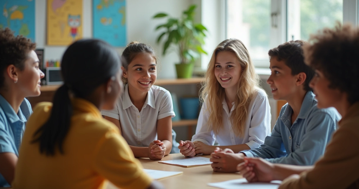 Círculo de alunos sentados dialogando em sala de aula 