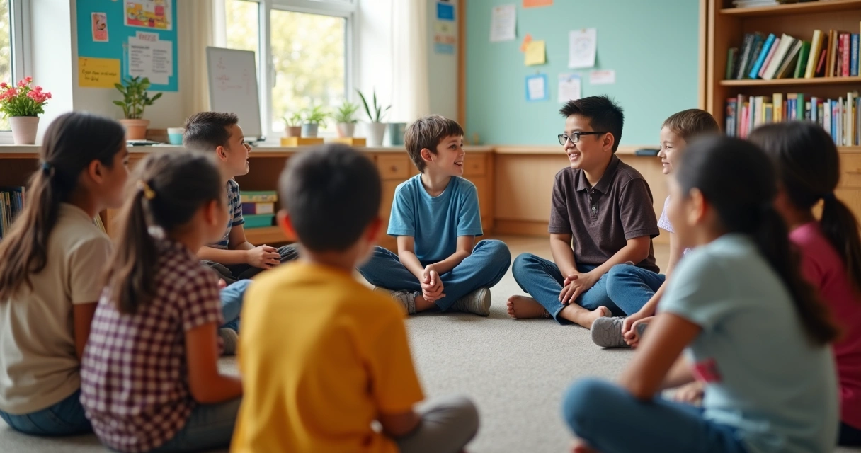 Grupo de alunos sentados em círculo em sala de aula, participando de atividade de conversa guiada 