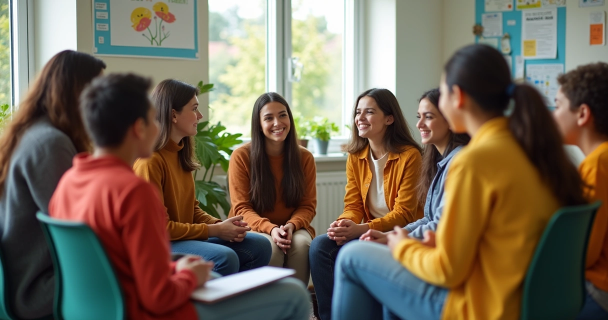 Alunos formando um círculo em uma roda de conversa com professora ao centro. 