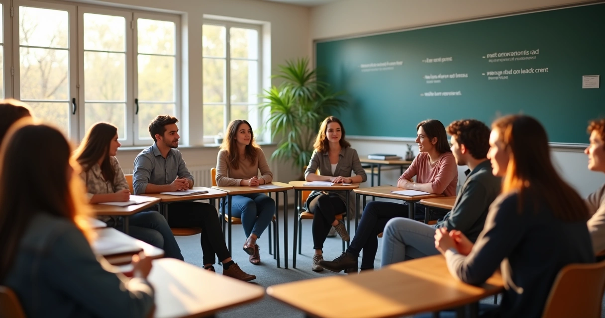 Alunos e professores sentados em círculo em uma sala de aula