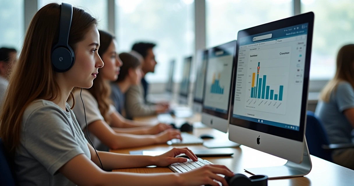 Alunos estudando em computadores com interface LMS, alguns com gráficos SCORM na tela, ambiente claro e moderno de ensino 