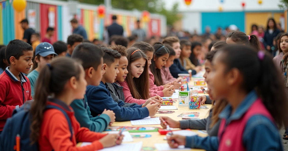 Alunos participando de evento escolar com atividades e stands 