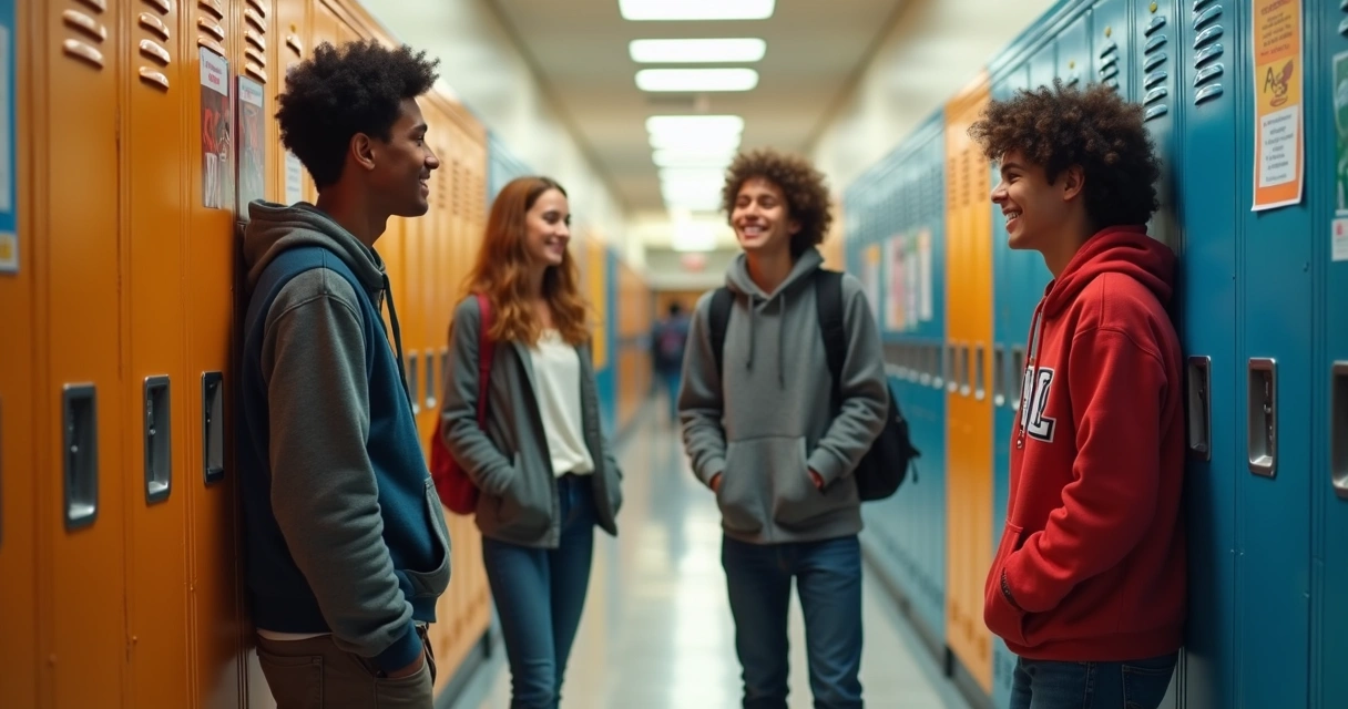 Grupo de adolescentes em escola americana, conversando nos corredores com armários ao fundo