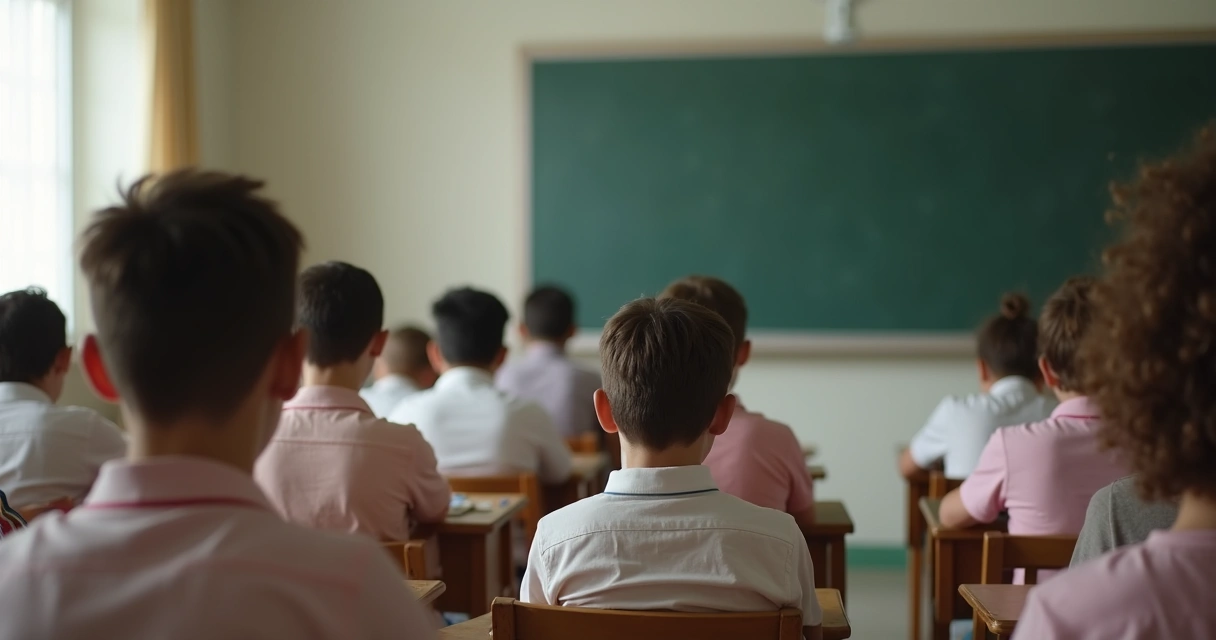Grupo de alunos sentados na sala de aula, abaixando a cabeça e evitando contato visual. 