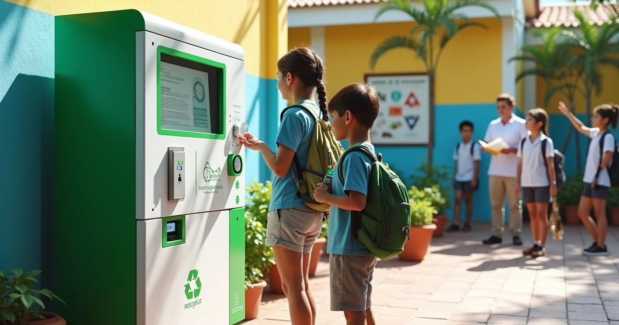 Estudantes em escola usando ecoponto inteligente de reciclagem 