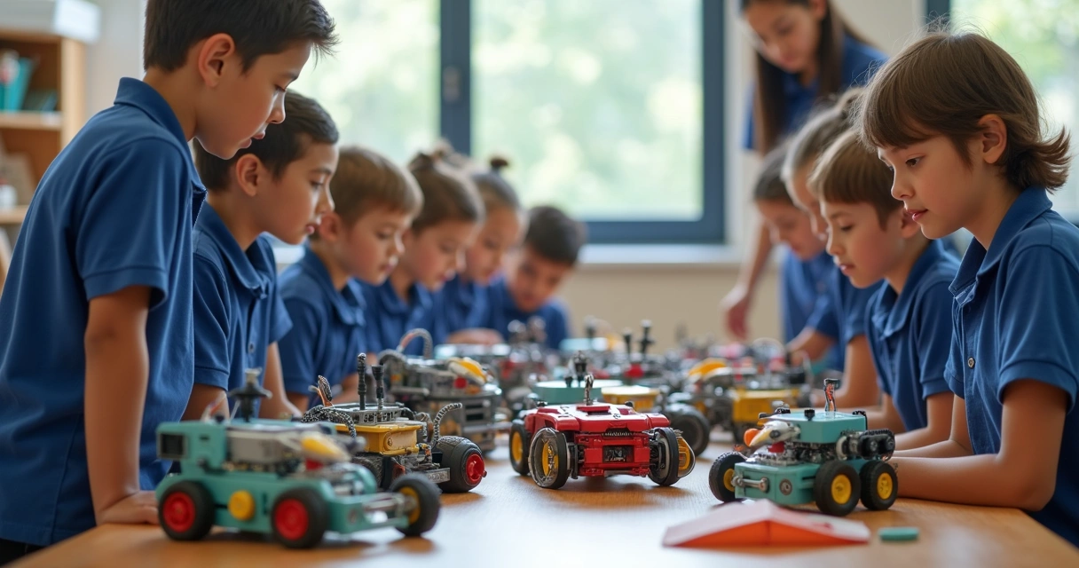 Alunos em um evento de robótica escolar