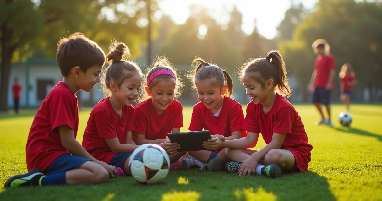Crianças em uniforme de futebol olhando tablet em campo 