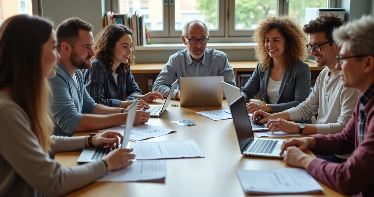 Grupo de estudantes em mesa redonda com materiais sobre acessibilidade 