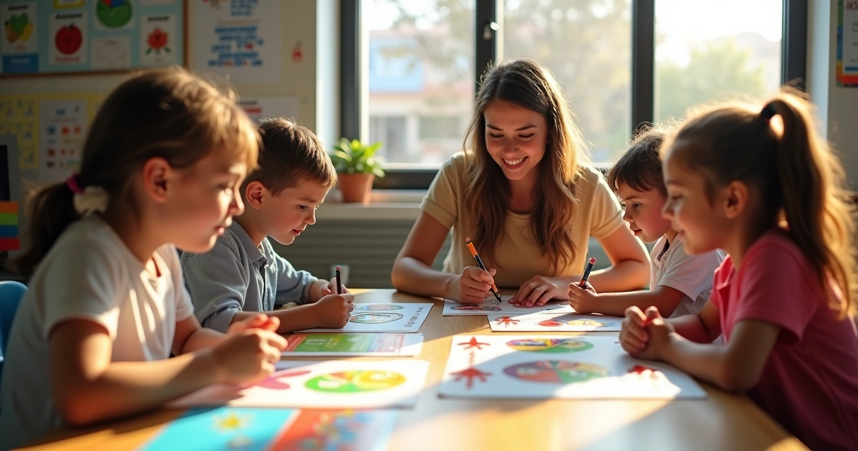 Alunos em sala de aula realizando atividades em inglês e português, materiais didáticos coloridos sobre as mesas. 