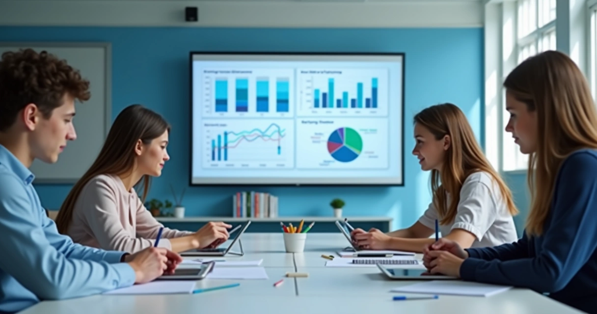 Alunos estudando com gráficos de desempenho ao fundo